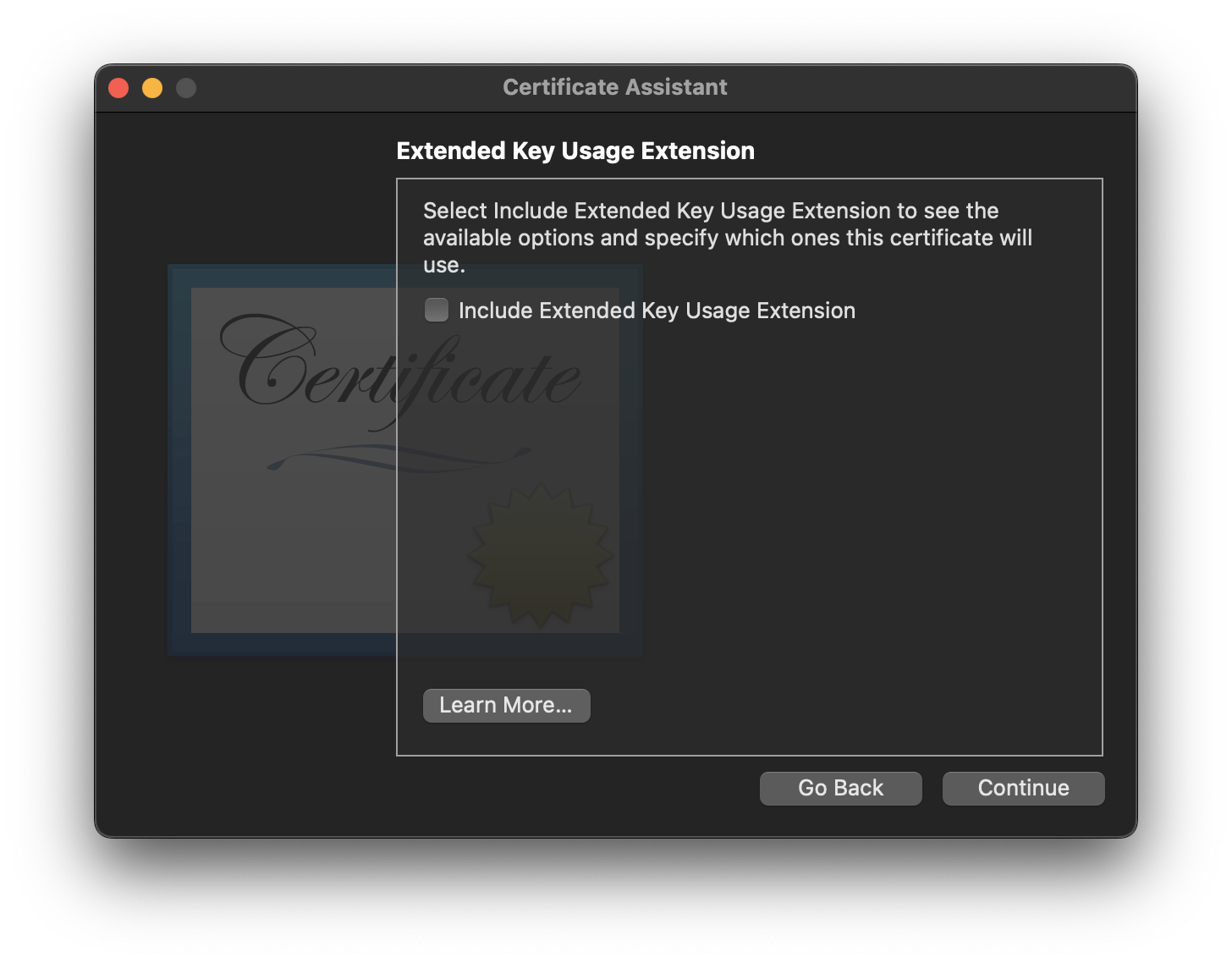 Certificate default extended key usage