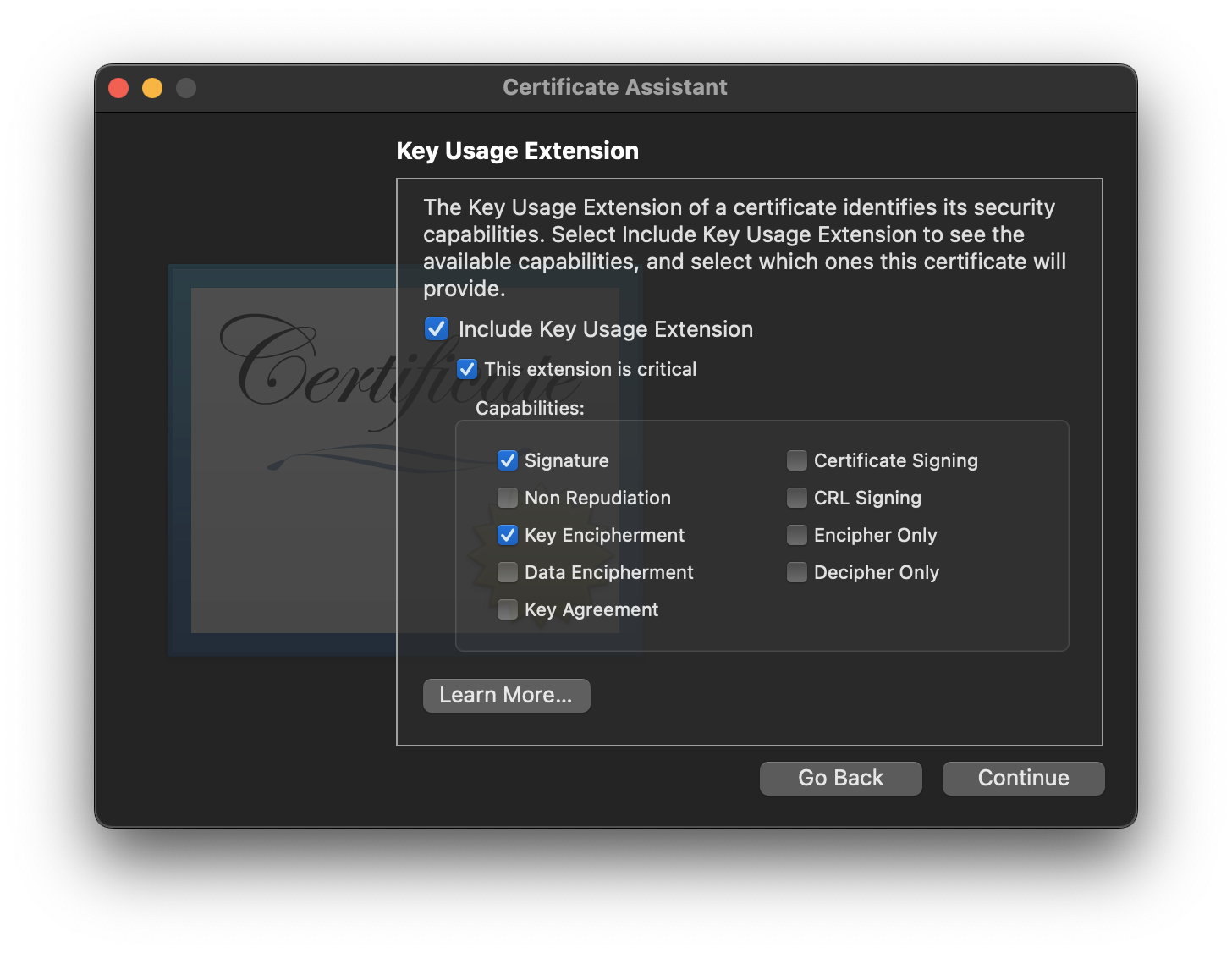Certificate key usage