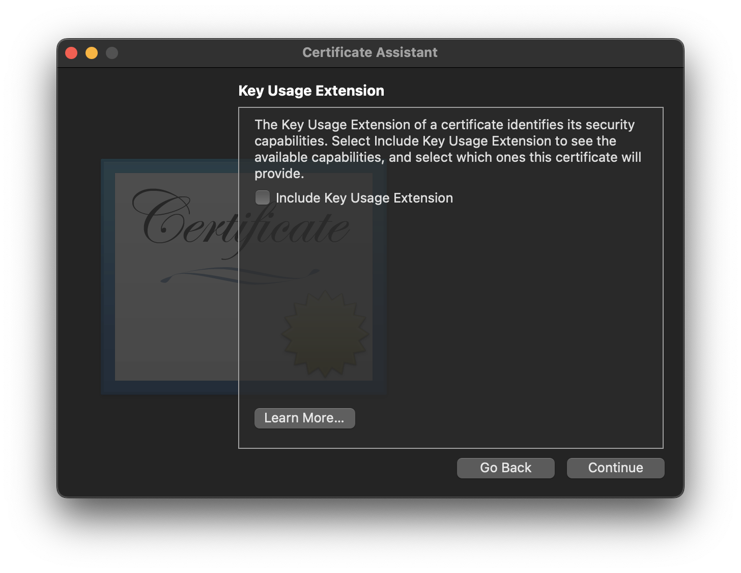 Certificate default key usage