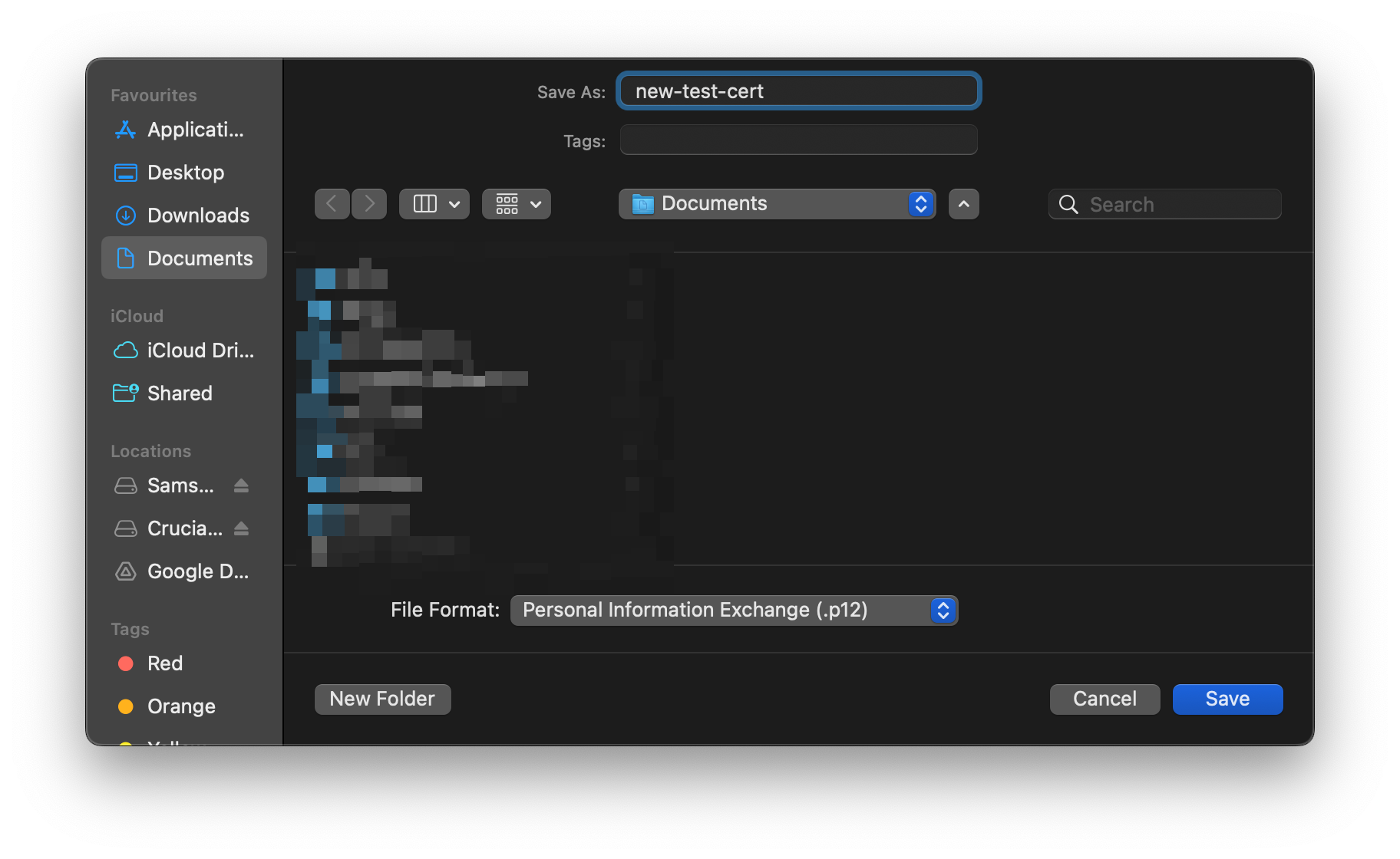 Export certificate dialogue